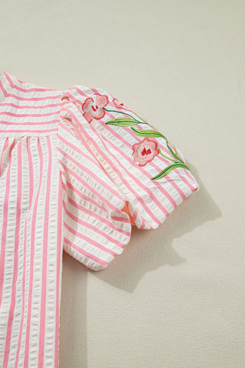 Stripe Print Floral Embroidered Puff Sleeve V Neck Blouse