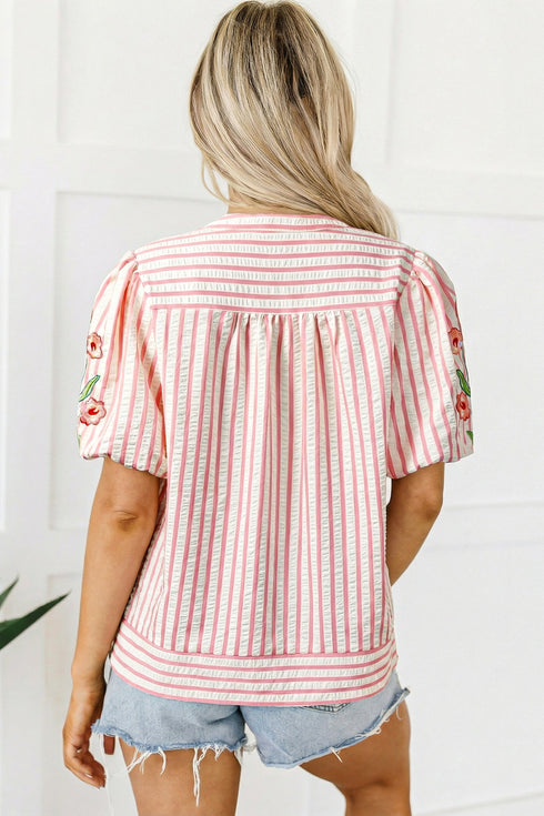 Stripe Print Floral Embroidered Puff Sleeve V Neck Blouse