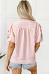 Stripe Print Floral Embroidered Puff Sleeve V Neck Blouse