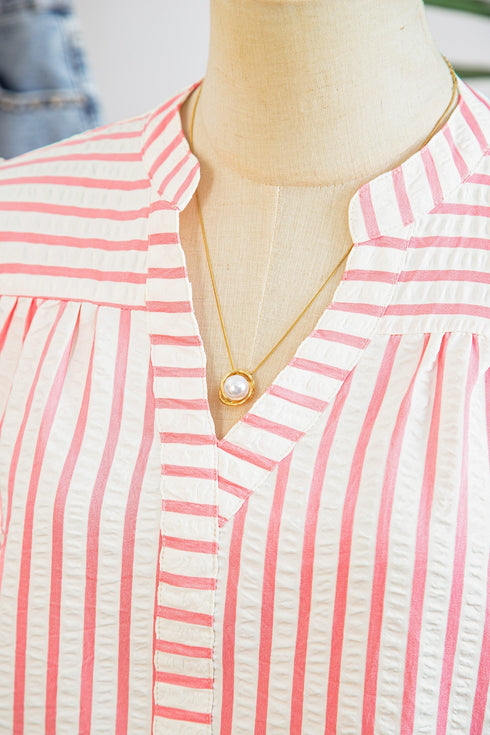 Stripe Print Floral Embroidered Puff Sleeve V Neck Blouse