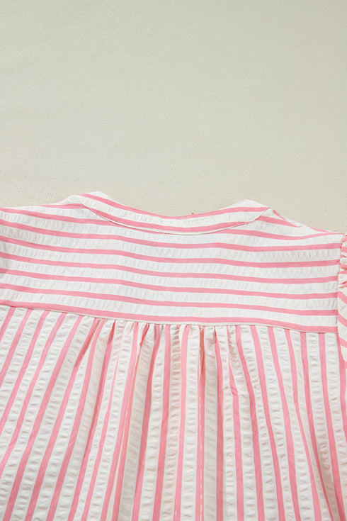 Stripe Print Floral Embroidered Puff Sleeve V Neck Blouse