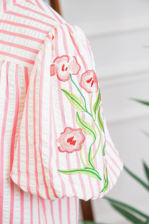Stripe Print Floral Embroidered Puff Sleeve V Neck Blouse