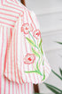 Stripe Print Floral Embroidered Puff Sleeve V Neck Blouse