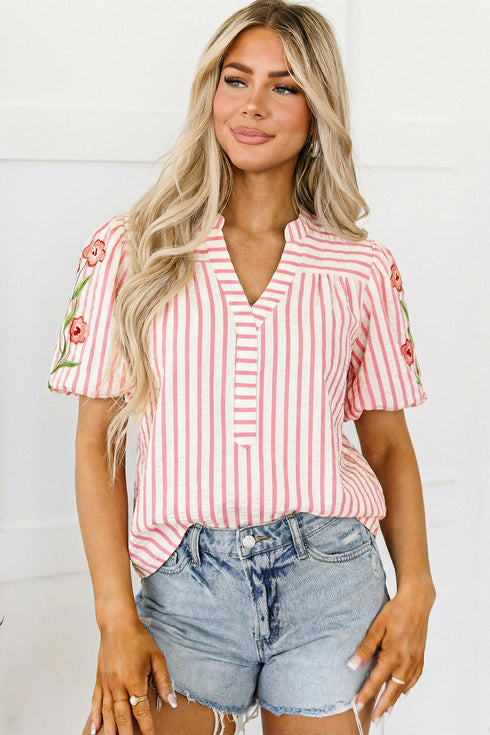 Stripe Print Floral Embroidered Puff Sleeve V Neck Blouse