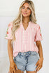 Stripe Print Floral Embroidered Puff Sleeve V Neck Blouse