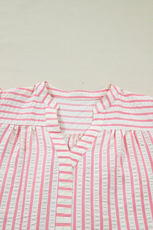 Stripe Print Floral Embroidered Puff Sleeve V Neck Blouse