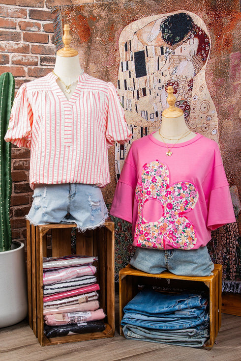 Stripe Print Floral Embroidered Puff Sleeve V Neck Blouse
