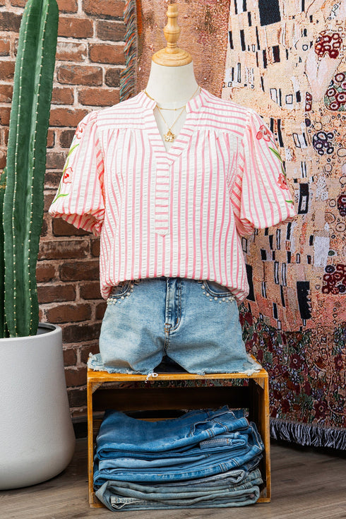 Stripe Print Floral Embroidered Puff Sleeve V Neck Blouse