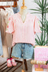 Stripe Print Floral Embroidered Puff Sleeve V Neck Blouse