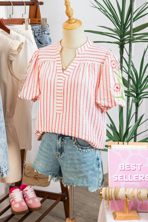 Stripe Print Floral Embroidered Puff Sleeve V Neck Blouse
