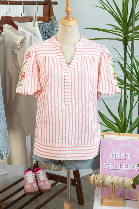 Stripe Print Floral Embroidered Puff Sleeve V Neck Blouse