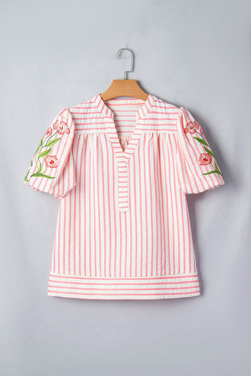 Stripe Print Floral Embroidered Puff Sleeve V Neck Blouse