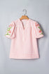 Stripe Print Floral Embroidered Puff Sleeve V Neck Blouse