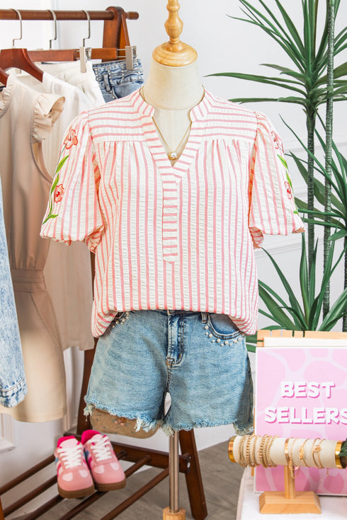 Stripe Print Floral Embroidered Puff Sleeve V Neck Blouse