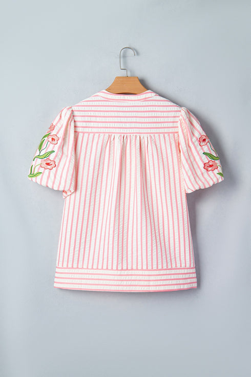 Stripe Print Floral Embroidered Puff Sleeve V Neck Blouse