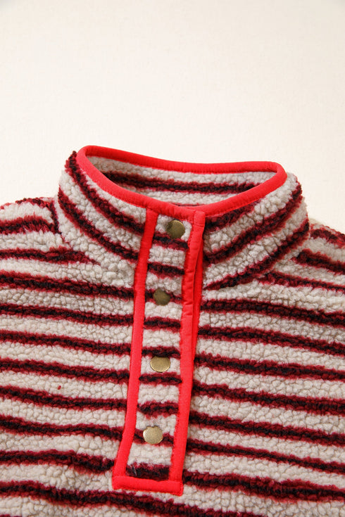 Stripe Print Fuzzy Sherpa Button Placket Sweatshirt
