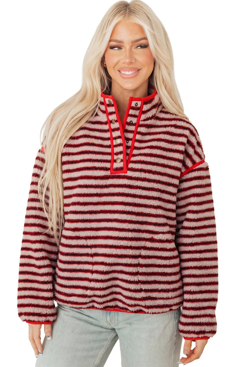 Stripe Print Fuzzy Sherpa Button Placket Sweatshirt