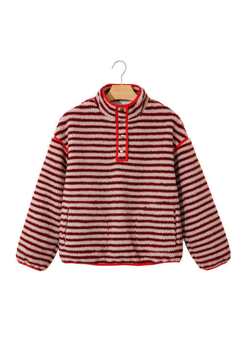 Stripe Print Fuzzy Sherpa Button Placket Sweatshirt
