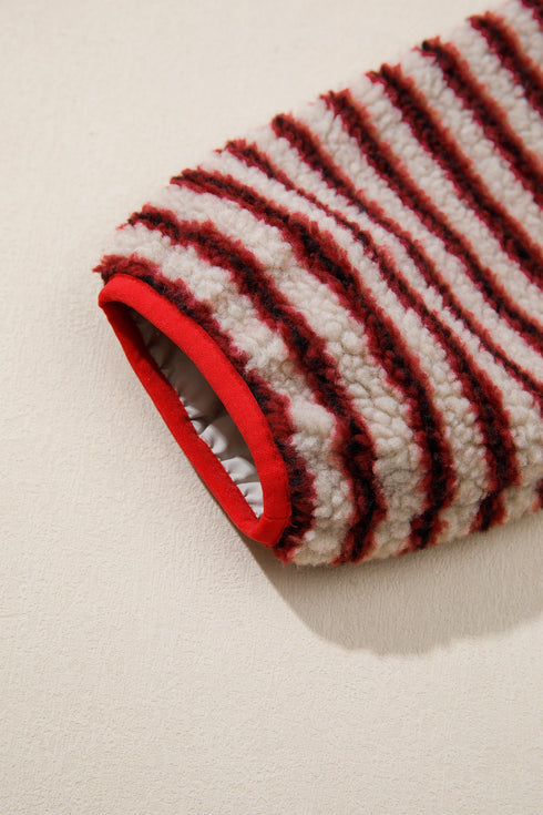 Stripe Print Fuzzy Sherpa Button Placket Sweatshirt