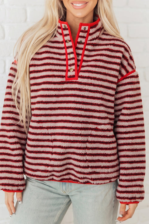 Stripe Print Fuzzy Sherpa Button Placket Sweatshirt