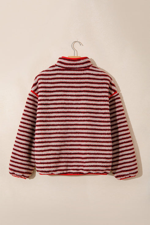 Stripe Print Fuzzy Sherpa Button Placket Sweatshirt
