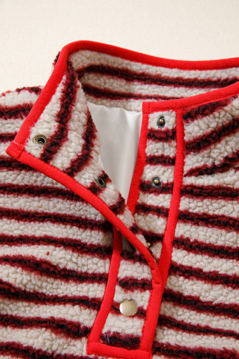 Stripe Print Fuzzy Sherpa Button Placket Sweatshirt