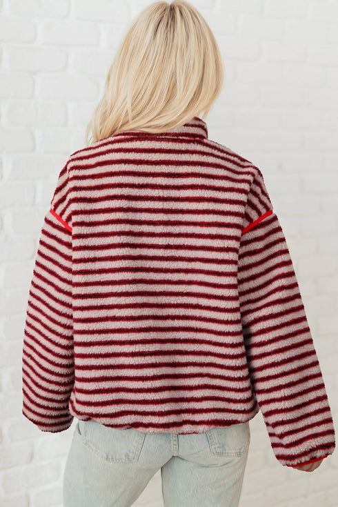 Stripe Print Fuzzy Sherpa Button Placket Sweatshirt