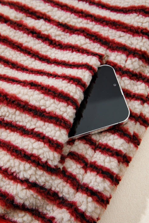 Stripe Print Fuzzy Sherpa Button Placket Sweatshirt