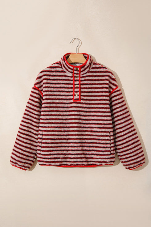Stripe Print Fuzzy Sherpa Button Placket Sweatshirt