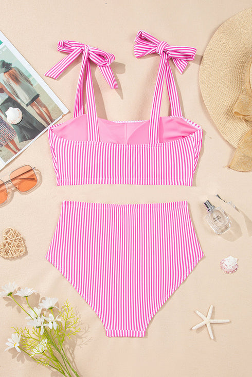 Stripe Print Knot Strap High Waist Two Piece Bikini