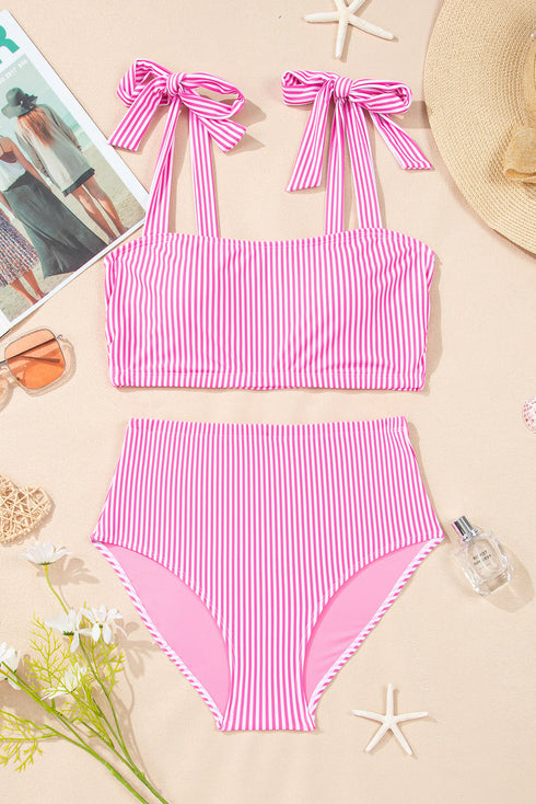 Stripe Print Knot Strap High Waist Two Piece Bikini