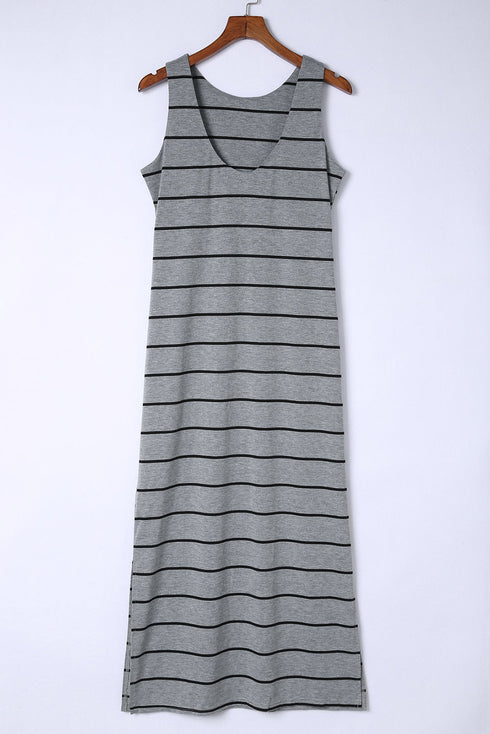 Stripe Print Open Back Sleeveless Maxi Dress With Slits