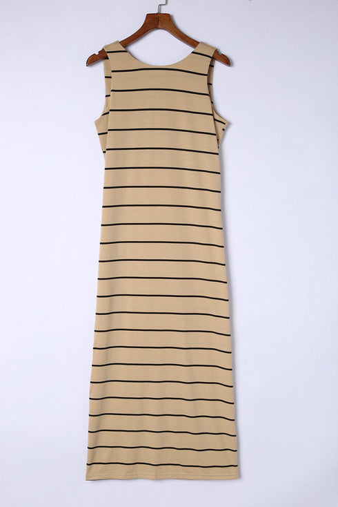 Stripe Print Open Back Sleeveless Maxi Dress With Slits