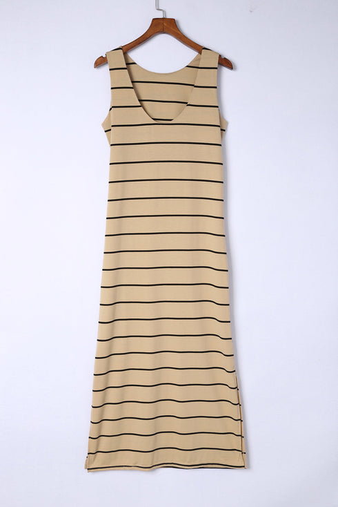 Stripe Print Open Back Sleeveless Maxi Dress With Slits