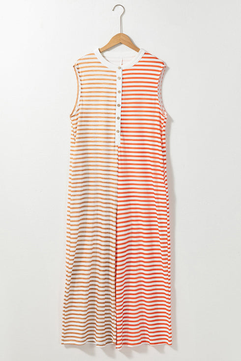 Stripe Print Oversized Button Front Wide Leg Jumpsuit