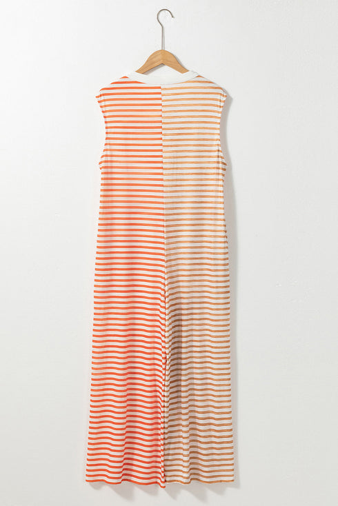Stripe Print Oversized Button Front Wide Leg Jumpsuit