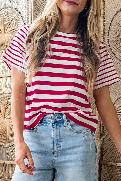 Stripe Print Patchwork Detail Round Neck Tee
