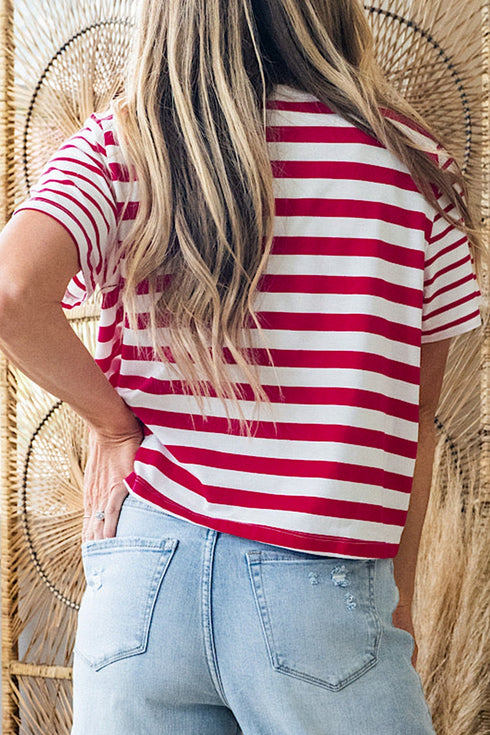 Stripe Print Patchwork Detail Round Neck Tee