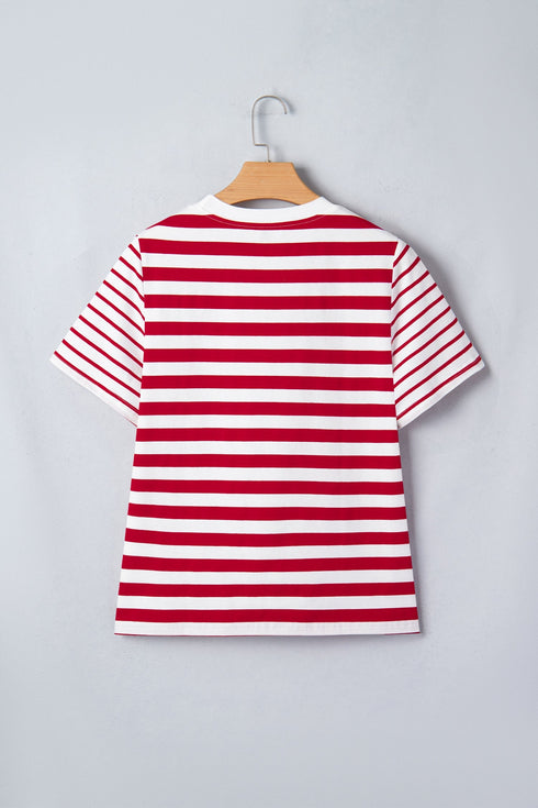 Stripe Print Patchwork Detail Round Neck Tee