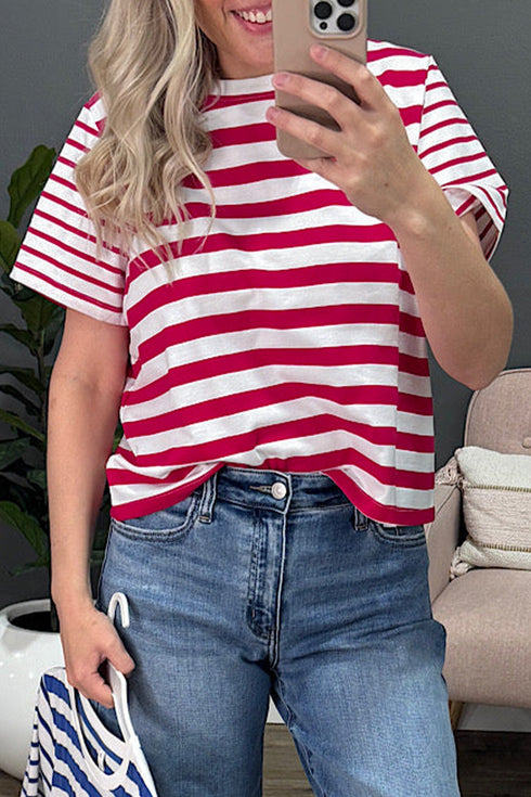 Stripe Print Patchwork Detail Round Neck Tee