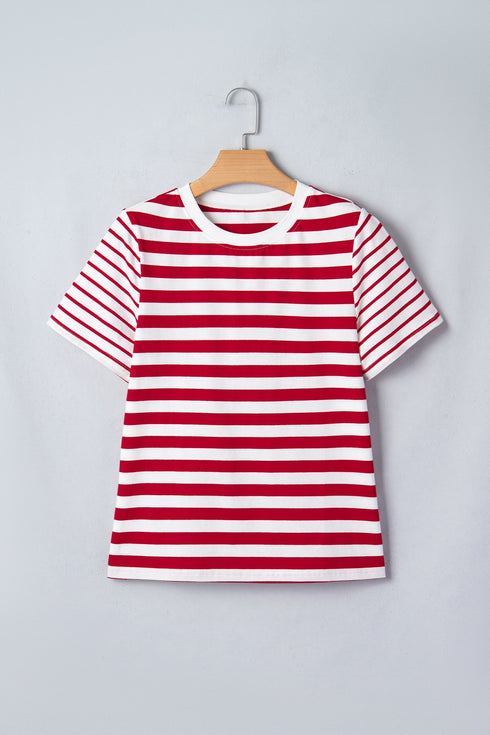 Stripe Print Patchwork Detail Round Neck Tee