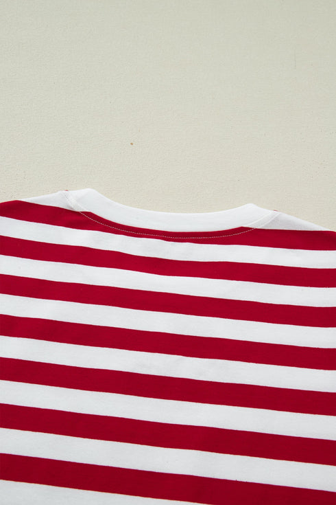 Stripe Print Patchwork Detail Round Neck Tee