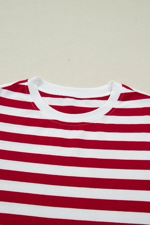 Stripe Print Patchwork Detail Round Neck Tee