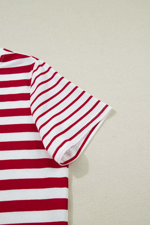 Stripe Print Patchwork Detail Round Neck Tee