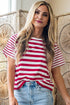 Stripe Print Patchwork Detail Round Neck Tee