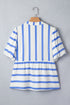 Stripe Print Puff Sleeve Rick Rack Split Neck Blouse