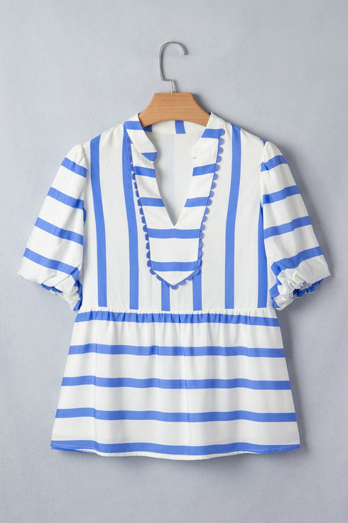 Stripe Print Puff Sleeve Rick Rack Split Neck Blouse