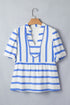 Stripe Print Puff Sleeve Rick Rack Split Neck Blouse