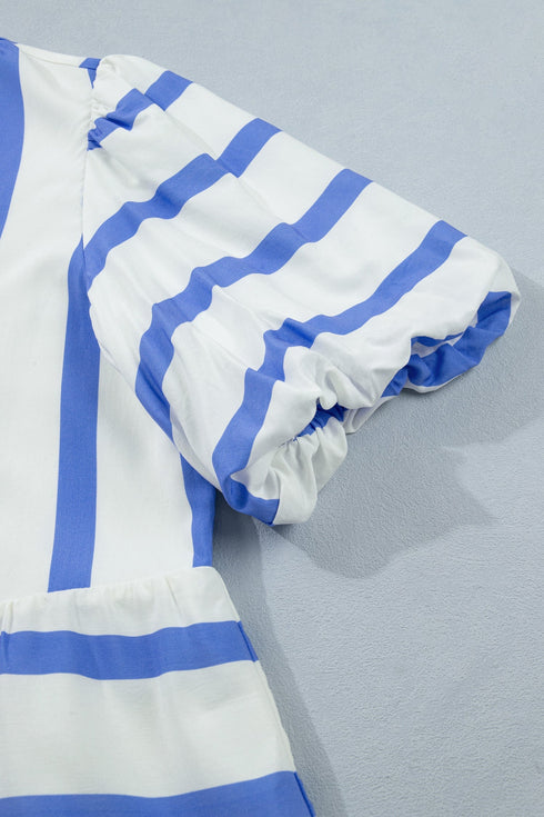 Stripe Print Puff Sleeve Rick Rack Split Neck Blouse