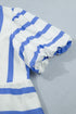 Stripe Print Puff Sleeve Rick Rack Split Neck Blouse